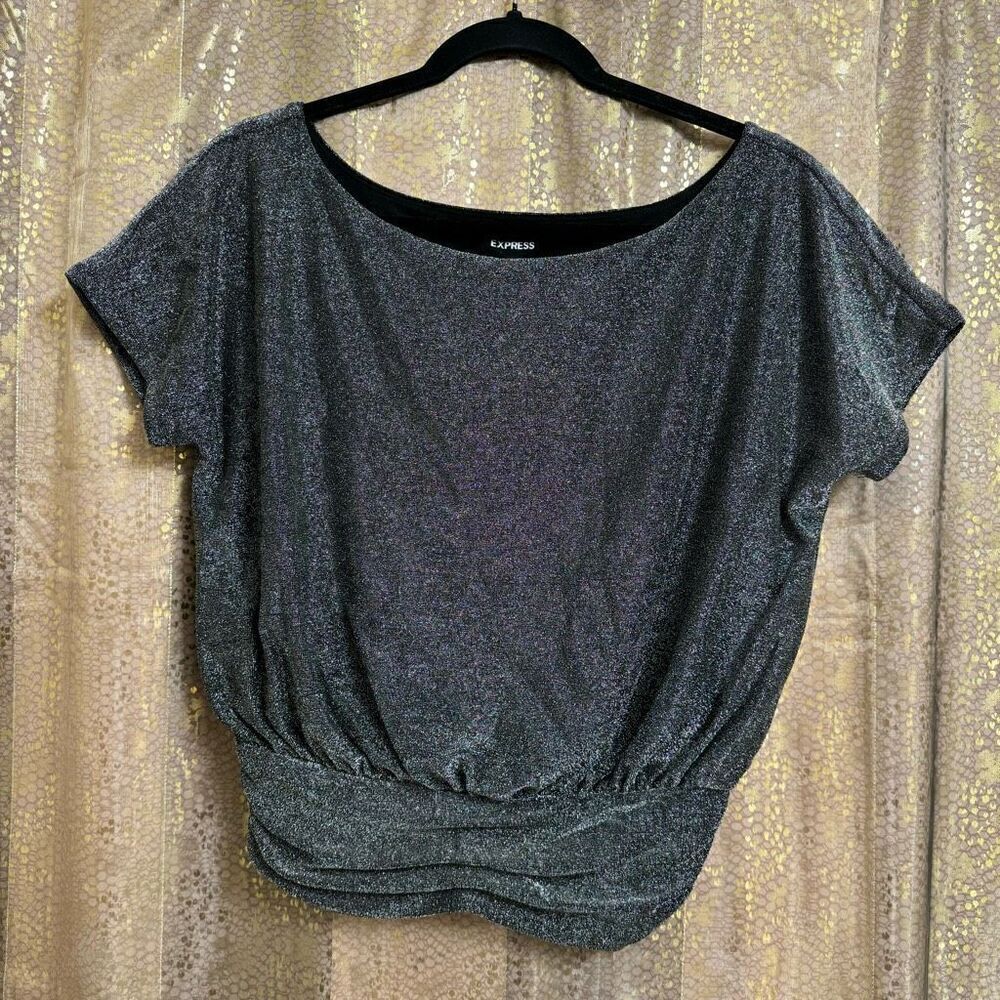 Express Black Silver Sparkle Metallic Banded Bottom Top XS